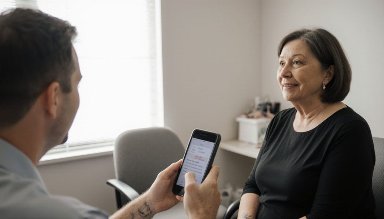 Andras Mimi's assistant has a first based consultation with senior women client for Mimi for eyebrow correction service in sydney