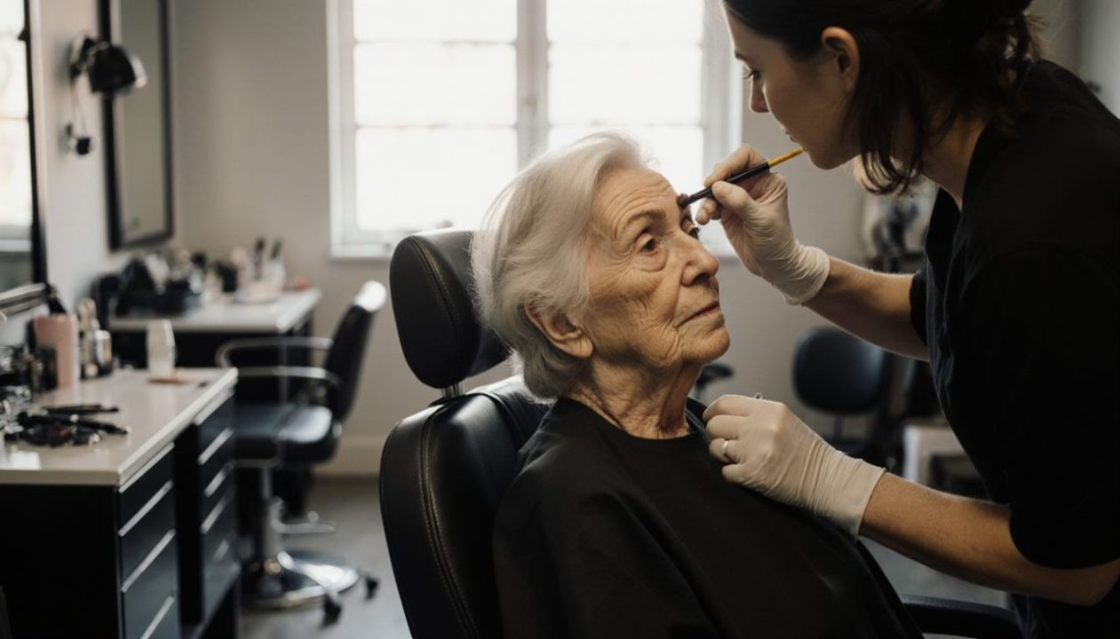 final touch of eyebrow correction for senior women client at sydney microblading studio
