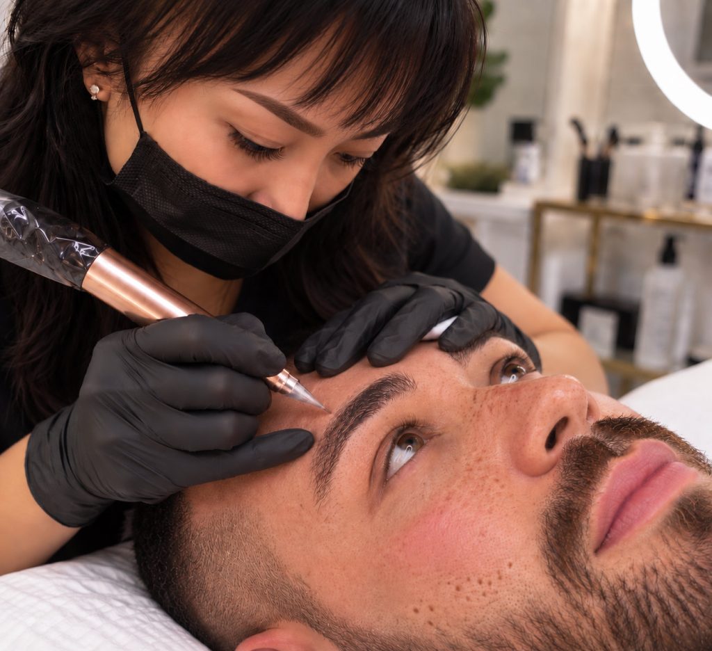 nano brows process on male client eyebrows in sydney at sydney microblading by mimi